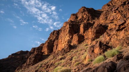 Fototapeta premium Majestic Rocky Mountain Landscape Under Clear Blue Sky with Sunlit Cliffs and Greenery in Warm Desert Environment