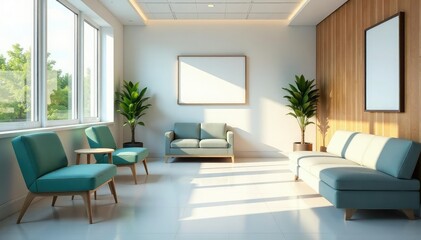 A clean, modern doctor's office waiting area with comfortable seating and calming decor , building interior, wellness