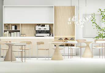 Minimal Coffee shop restaurant design modern style, white counter and gloss beige background ,Wall back counter pastel decor. 3d render	