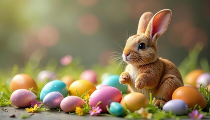 A colorful assortment of Easter eggs and chocolate bunnies, ready for the holiday , spring, joyful, willow