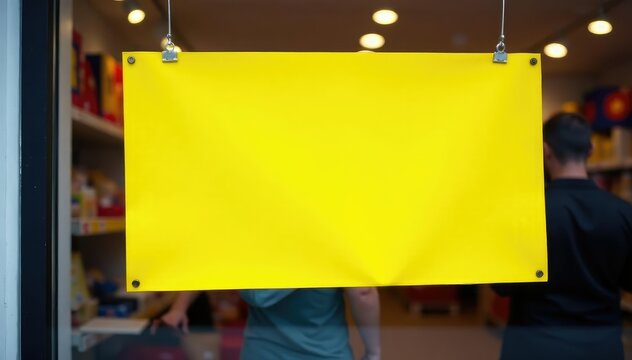 Bright yellow sale banner hanging in store window, showcasing promotional discounts , advertising sign, bargain, store signage