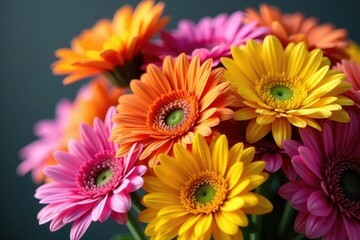 Close-up of a vibrant, colorful bouquet of freshly cut flowers, showcasing their natural textures and bright hues , still life, texture