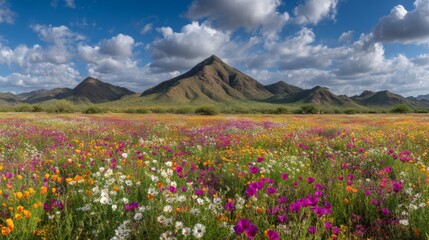 Obraz premium Scenic view of vibrant wildflower field with majestic mountain backdrop under dramatic clouds in clear blue sky