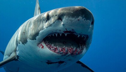 Fototapeta premium A Menacing Shark Stares Directly at the Camera, Its Sharp Teeth Bared and Eyes Filled with Aggression, Capturing the Intensity and Danger of the Ocean’s Apex Predator in Deep Waters