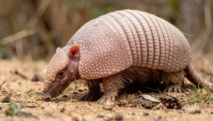 A Fascinating Close-Up of a Rare Pink Armadillo, Capturing the Delicate Texture of Its Armored Shell, Soft Paws, and Unique Pink Pigmentation in Stunning Detail in Its Natural Desert Habitat