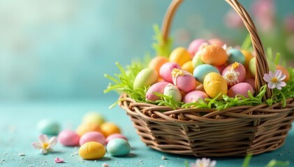 Colorful Easter candies in a basket, springtime treats , gumdrops, sugary, Easter candy basket