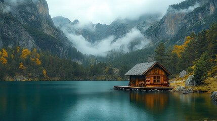 Fototapeta premium Lake cabin scene with mountains and mist, autumnal trees, peaceful landscape