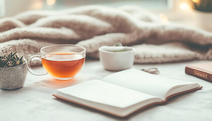 Fototapeta premium Cozy tea with book, plants, and winter.