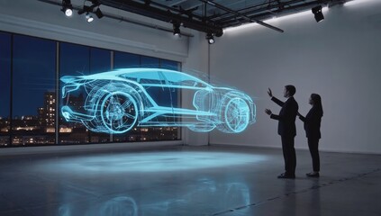 Business team interacting with digital holographic car blueprint in high tech lab at night, showcasing automotive innovation, smart design, futuristic engineering and electric vehicle development.