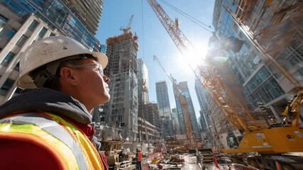 Construction worker overseeing a cityscape: A construction worker, wearing a hard hat and safety vest, surveys a bustling cityscape filled with skyscrapers under construction.