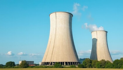 Fototapeta premium Giant industrial cooling towers against a blue sky A symbol of energy production and industrial power , thermal, heat dissipation