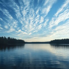 Fototapeta premium Serene lake reflects the sky with wispy clouds and forested shoreline