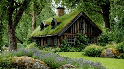 Nordic Home with Lush Living Roof, a traditional dwelling adorned with vibrant wild grasses and flowers, harmoniously blending with its natural surroundings.
