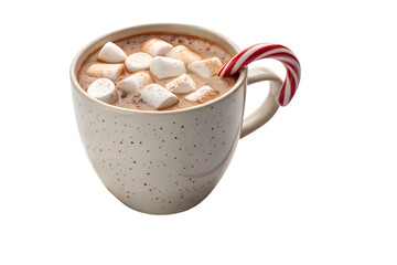 Close up of a mug filled with hot chocolate, marshmallows, and candy cane stick on transparent background