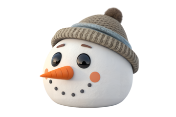 Close up of a smiling snowman with a hat and carrot nose on transparent layer on transparent background