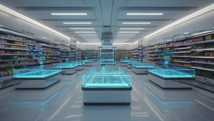 Futuristic smart supermarket with digital displays, illuminated shelves, and modern technology for automated shopping and pricing — perfect for retail, innovation, AI, and high-tech commerce concepts.