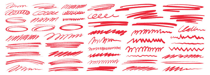Red grunge strike through and underline elements. Set of hand drawn red pencil lines and strokes. Doodle vector ink brush lines. Crosses and curved strokes.