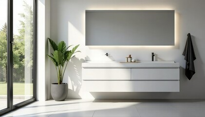 Modern bathroom vanity with sleek white countertop and minimalist design Perfect for contemporary bathrooms , mirror, lavatory, bathroom remodel