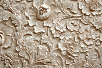 Ornate, carved floral pattern on a light beige surface.