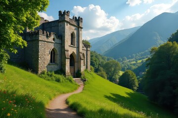 Serene abbey nestled in a verdant valley, sunlight illuminating ancient stone walls , picturesque, belief