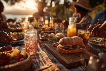 Fototapeta premium Outdoor Picnic and Summer Vibes. Friends enjoying a sunset picnic with delicious food and refreshing drinks.
