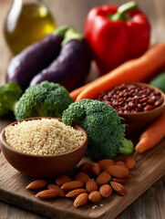 variety of fresh vegetables, nuts and lentils on wood cutting board, Allergy friendly foods