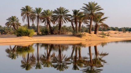 Obraz premium Tranquil Desert Oasis with Palm Trees and Sand Dunes Reflecting on Calm Water Surface in Warm Sunlight