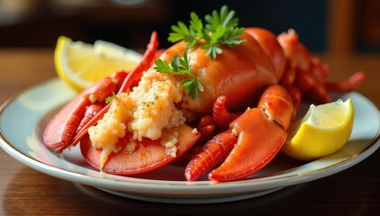 Steamed lobster meat served on a classic diner plate with butter, lemon wedges, and drawn butter , appetizing, protein, creamy
