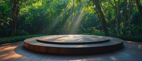 Serene circular wooden platform in lush forest, sunbeams filtering through leaves