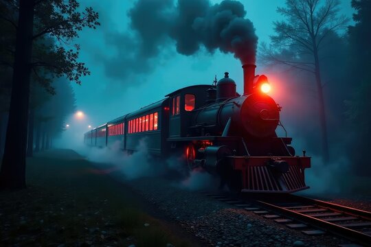 Spooky ghost train ride at night, carriages dimly lit, fog swirling , wagon, dark, ambiance