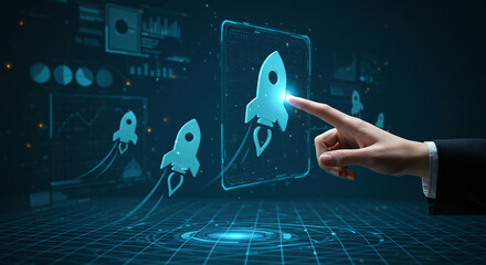 Innovative technology interface with rocketship icons, digital grid, and a person's touch promoting project launch and future growth.