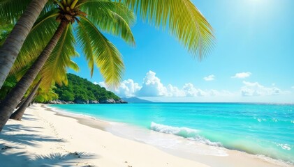 Sun-drenched beach scene with turquoise water and palm trees Perfect summer vacation backdrop , horizon, island