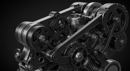 Intricate Black and White Close-Up of a Complex Gear System, Mechanical Engineering Marvel, Detailed 3D Render of Industrial Machinery Components