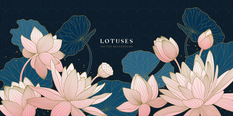 Luxury lotuses poster with water lilies on asian pattern background. Pink flowers of golden vector lines.