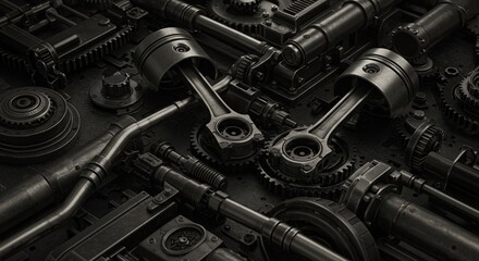 Intricate Black and White Steampunk Mechanical Gears, Pistons, and Industrial Components Background. High quality professional stock photo suitable for commercial use.