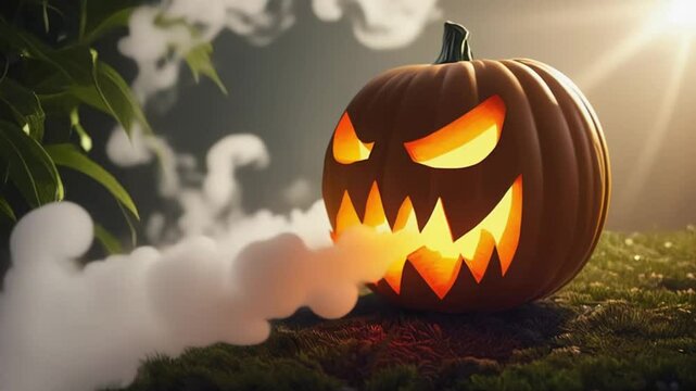 Spooky carved pumpkin emitting smoke. Ideal for Halloween themes, eerie visuals, and festive backgrounds. Jack-o'-lantern, night.