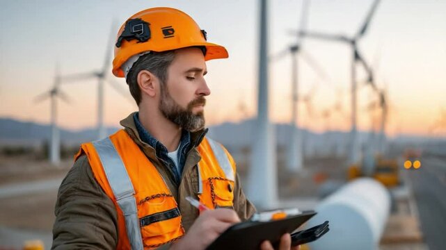 Wind Turbine Engineer: A focused engineer meticulously reviews technical documentation in a wind farm setting, embodying expertise and dedication. Embracing technological innovation.