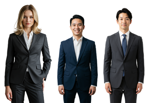 Studio portrait of three diverse young adult business professionals, including a Caucasian woman and two East Asian men, wearing formal suits against a transparent background.