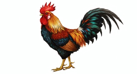 Standing Rooster Illustration with Bright Feathers on White Background