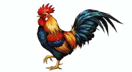 Fototapeta premium Rooster Standing Proudly with Colorful Feathers on White
