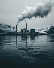Fototapeta premium A large industrial plant is emitting smoke into the air. The smoke is billowing out of the plant and into the sky. The scene is bleak and ominous, with the smoke