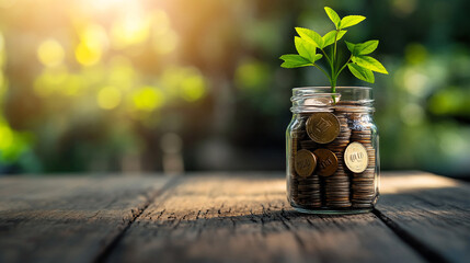 Glass jar filled with coins has a small plant growing out of it, symbolizing financial growth and investment. The background is blurred with green foliage and sunlight.