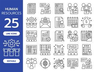 Human Resources Line Icon Set. Includes 25 editable vector icons such as resume, recruitment, interview, employee, payroll, training, performance, onboarding, promotion, HR policy, and more.