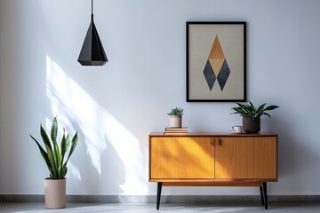 Modern Room Interior Black Lamp, Abstract Framed Art, Wooden Cabinet, and Green Plants