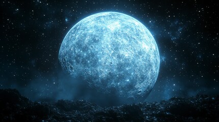 Blue, speckled planet hovers over a rocky surface, against a starry night sky