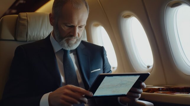 Businessman on Private Jet Reviewing Tablet