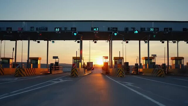 Sunset highway toll plaza with truck.