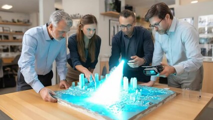 Innovative Collaboration: A team of professionals gathers around a holographic projection, envisioning the future with a dynamic display of data and cutting-edge technology. - Powered by Adobe