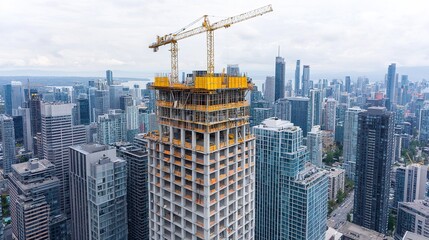 Aerial construction progress of a steel tower in a bustling cityscape urban environment elevated perspective