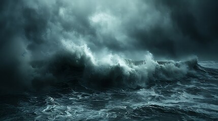 Obraz premium Dramatic Ocean Wave Crashing Under Dark Stormy Sky with Turbulent Water